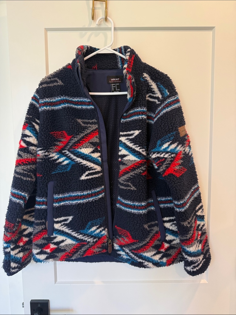 Ariat Navy Sherpa Jacket with Red, Blue & White Aztec Pattern